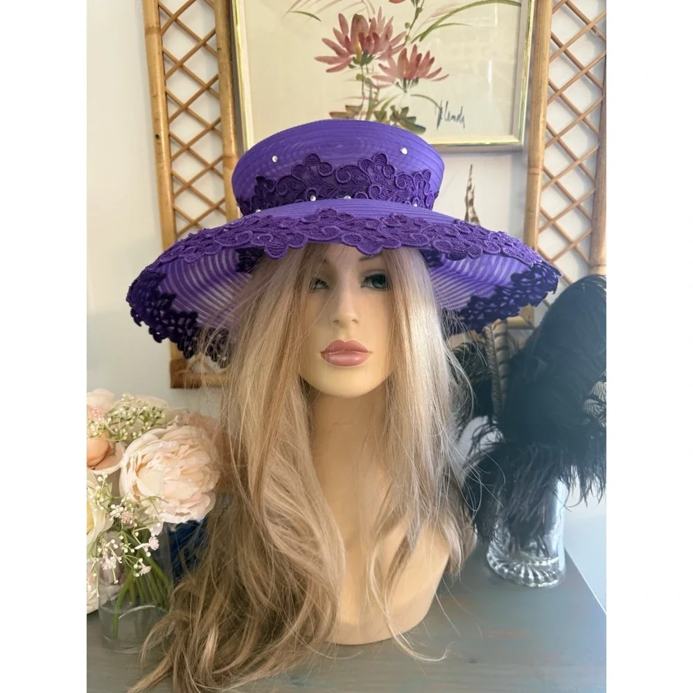 Mr Hi's Classic‎ Purple Wide Brim Lace Hat Ribbon Net Rhinestones Vintage 1970s